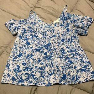 Butterfly print cold shoulder blouse